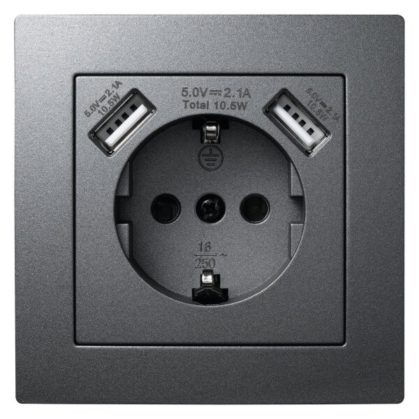 Schutzkontakt-Steckdose mit 2x USB McPower Flair, 250V, 5V/2,1A, UP, anthrazit