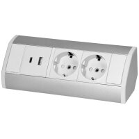 Steckdosenblock Aufbau, silber-wei&szlig;, 2-fach, 2x USB...