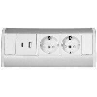 Steckdosenblock Aufbau, silber-wei&szlig;, 2-fach, 2x USB...
