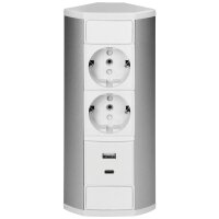 Steckdosenblock Aufbau, silber-wei&szlig;, 2-fach, 2x USB (Typ A+C), 3680W