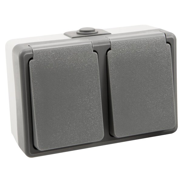 Feuchtraum Doppel-Steckdose McPower Secure, 250V~/16A, IP44, AP, grau