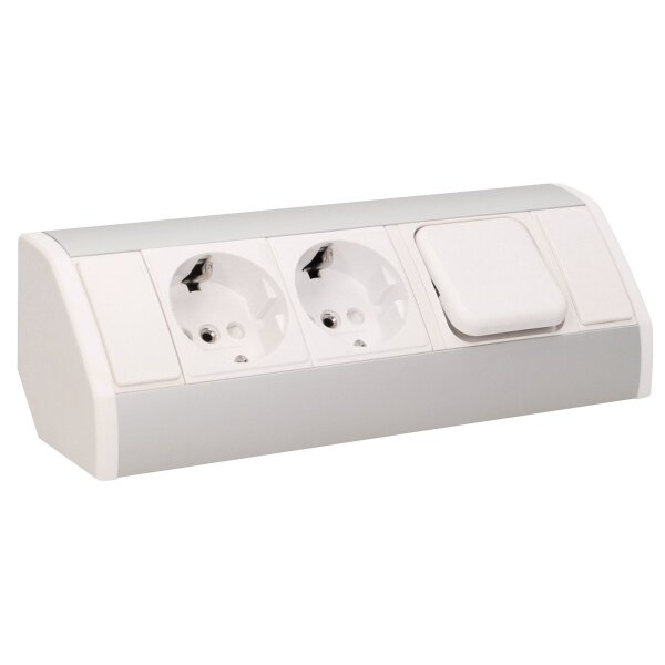 Steckdosenblock Aufbau, silber-wei&szlig;, 2fach, ein Schalter, 3680W