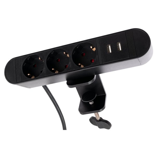 Tischsteckdose McPower SK-03A 3x Steckdose, 2x USB, inkl. Tischklemme, 2m Kabel