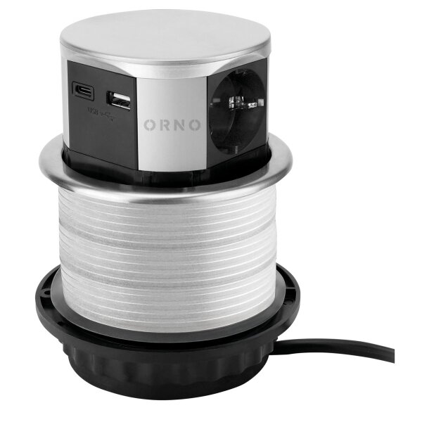 Tisch-Einbausteckdose &Oslash;10cm, 3A, 3x Schuko, 2x USB A+C, silber, versenkbar