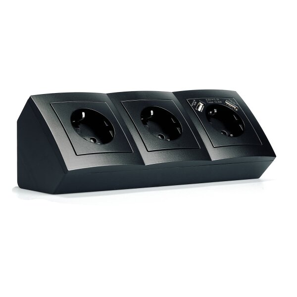 Steckdosenblock McPower Flair Aufbau, matt schwarz, 3-fach Schutzkontakt + USB