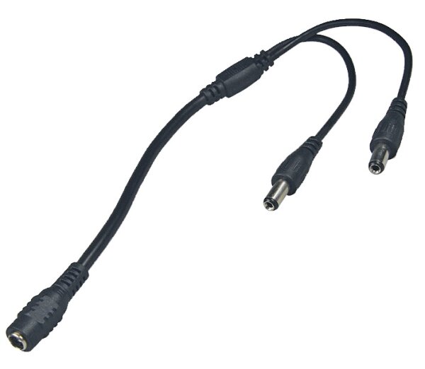 Anschluss-Verteiler f&uuml;r LED-Stripes - 5,5/2,1mm 1xKupp>2xStecker, max. 2A