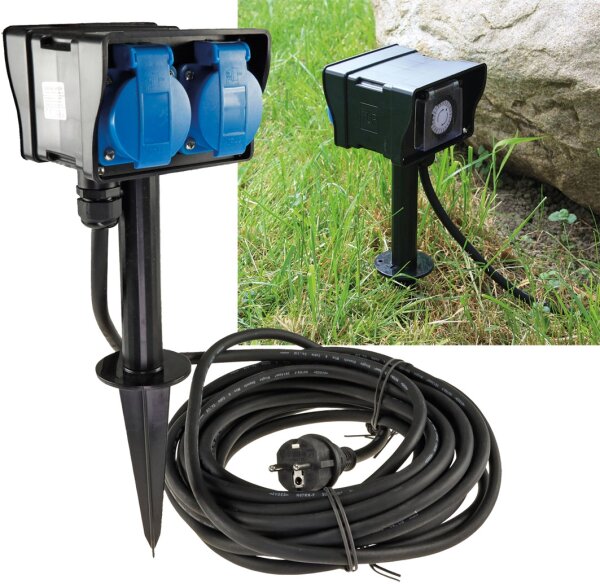 Gartensteckdose mit Erdspie&szlig;, 2-fach - IP44, 2m Kabel, Zeitschaltuhr
