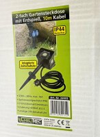 Gartensteckdose mit Erdspie&szlig;, 2-fach - IP44, 10m Kabel, Zeitschaltuhr