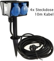 Gartensteckdose mit Erdspie&szlig;, 4-fach - IP44, 10m Kabel