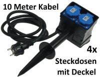 Gartensteckdose mit Erdspie&szlig;, 4-fach - IP44, 10m Kabel
