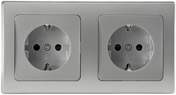 DELPHI Set 2 Steckdosen + 2-fach Rahmen - 250V~/ 16A, Steckanschluss, silber
