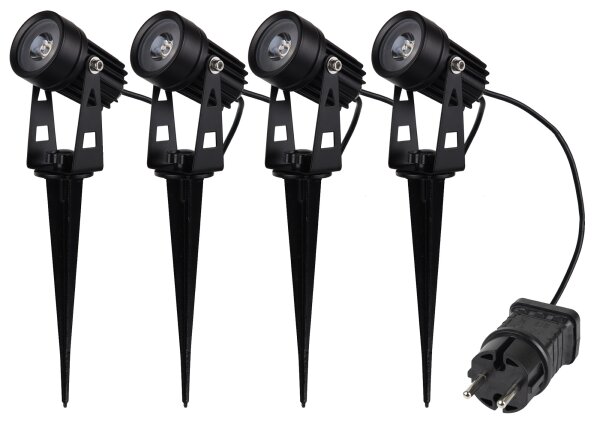 Gartenstrahler Set mit 4 Spots - Netzteil, Erdspie&szlig;, 3000k, IP44
