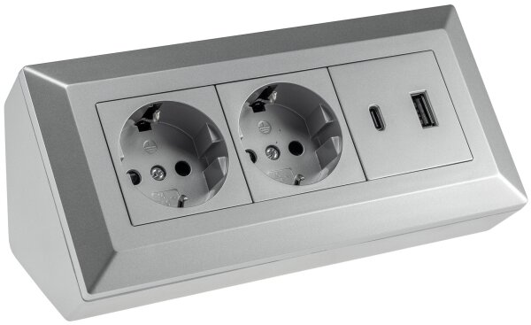 2-fach Steckdosenblock, USB-A+C, silber - 250V~/ 16A, Aufbaumontage, USB 3,1A, PD