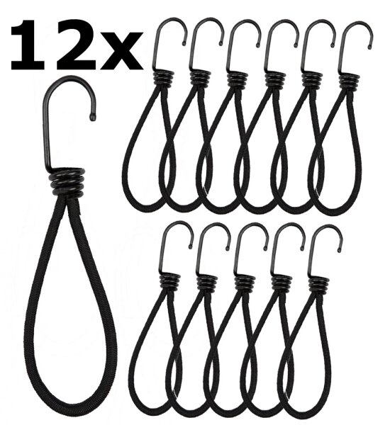 Spanngummi mit Haken, 12er Pack - Extra stark, L&auml;nge 12cm, schwarz