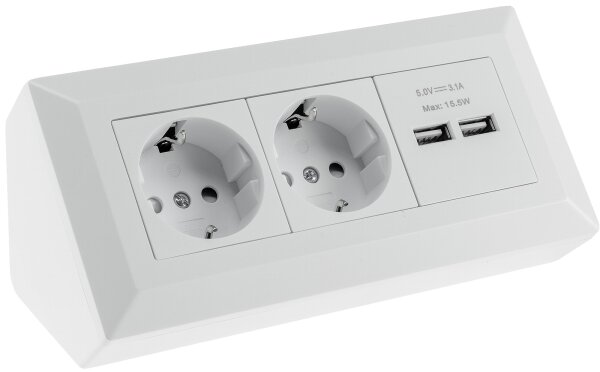 2-fach Steckdosenblock + 2x USB, wei&szlig; ma - 250V~/ 16A, Aufbaumontage, USB 3,1A