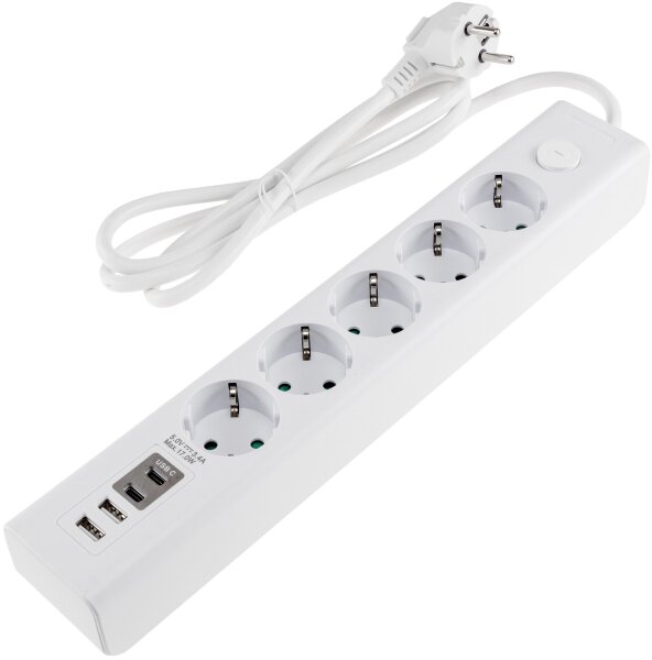 Steckdosenleiste mit Ladebuchsen f&uuml;r USB - USB-A /USB-C,5-fach, wei&szlig;, 1,5m Kabel