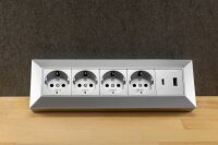 4-fach Steckdosenblock, USB-A+C, silber - 250V~/ 16A, Aufbaumontage, USB 3,1A, PD