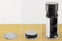 Schreibtisch-Einbausteckdose, rund Mini - versenkbar, Edelstahl, 3x Steckd,USB A+C
