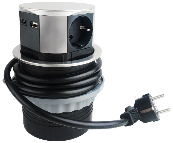 Schreibtisch-Einbausteckdose 3x +USB A+C - versenkbar, Edelstahl-Ausf&uuml;hrung, rund