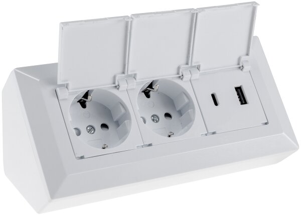 2-fach Steckdosenblock, USB-A+C, wei&szlig; - 250V~/ 16A, USB 3,1A, PD, mit Klappen