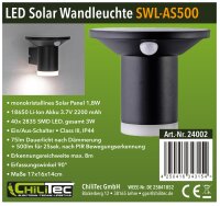 LED Solar Wandleuchte "SWL-AS500" - IP44, warmwei&szlig; 3000K, PIR Sensor