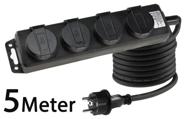 Gartensteckdosenleiste f&uuml;r Au&szlig;en, 4-fach - IP44, H07RN-F 3G1,5mm&sup2;, Zuleitung 5m