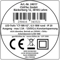 LED-Trafo "CT-18E", 0,5-18W, rund - 55mm &Oslash;, 230V auf 12V= Konstantspannung