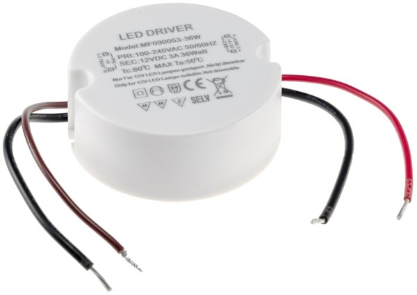 LED-Trafo "CT-36E", 1,0-36W, rund - 64mm &Oslash;, 230V auf 12V= Konstantspannung
