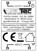 Schnurdimmer f&uuml;r LEDs, 3-150Watt - 230V, Drehregler mit Ein & Aus, schwarz