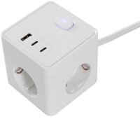 Steckdosen-W&uuml;rfel mit USB-Ladebuchsen - USB-A /USB-C,3-fach, 1,5m Kabel, wei&szlig;
