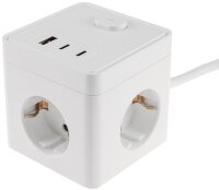 Steckdosen-W&uuml;rfel mit USB-Ladebuchsen - USB-A /USB-C,3-fach, 1,5m Kabel, wei&szlig;