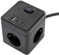 Steckdosen-W&uuml;rfel mit USB-Ladebuchsen - USB-A /USB-C,3-fach, 1,5m Kabel, schwarz