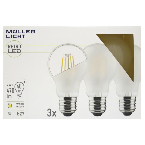 LED Filament Gl&uuml;hlampe, E27, 4W, 470lm, 2700K, warmwei&szlig;, matt, 3er Set