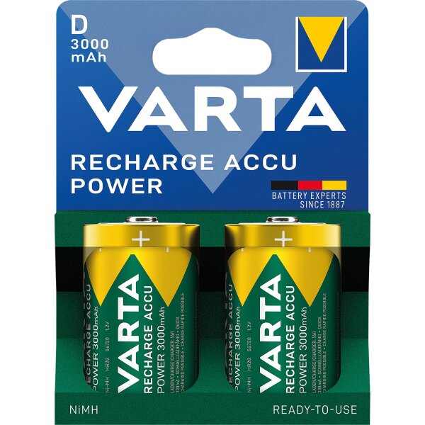 Mono-Akku VARTA, Typ D, NiMH-Akku, HR20, 1,2V/3000mAh, Pre-charged, 2er-Pack