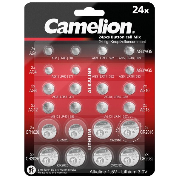 Knopfzellen-Sortiment Camelion, Zink-Mangan-Dioxid + Lithium-Mangan, 1,5V/3V