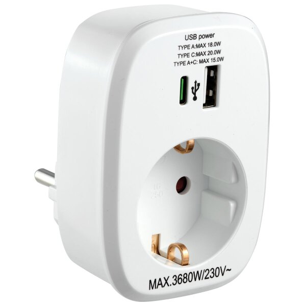 Zwischenstecker McPower, 1x USB-A + 1x USB-C PD20W