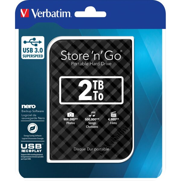 Externe Festplatte Store n Go Verbatim, 2 TB Speicher, USB 3.0, inkl. Kabel