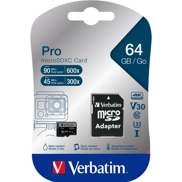Micro SDXC Card Verbatim PRO 64GB, U3, inkl. SD-Adapter