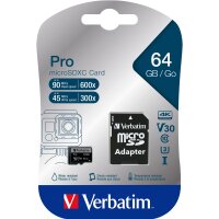 Micro SDXC Card Verbatim PRO 64GB, U3, inkl. SD-Adapter