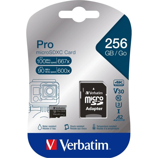 Micro SDXC Card Verbatim PRO 256GB, U3, inkl. SD-Adapter