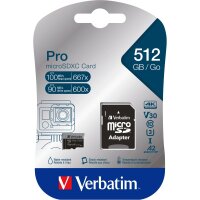 Micro SDXC Card Verbatim PRO 512GB, U3, Class 10, inkl....