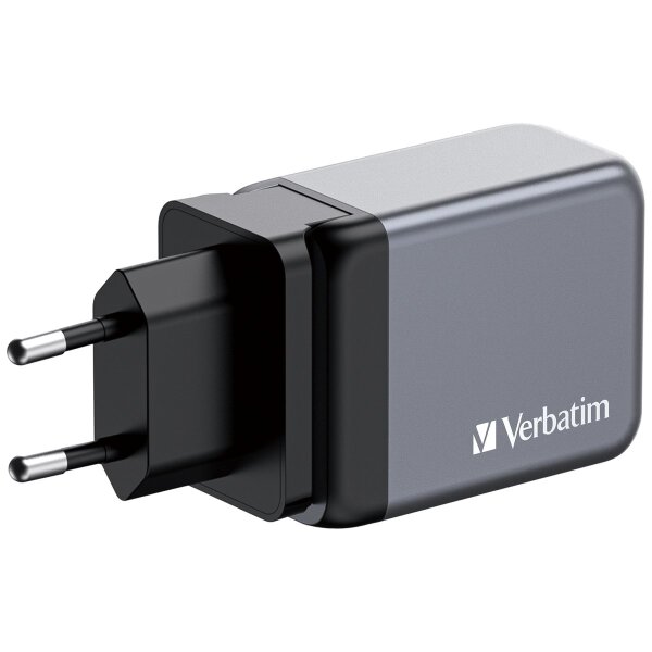 Ladeadapter Verbatim, Universal, GNC-65, GaN, 65W,grau, 1x USB-A QC, 2x USB-C PD